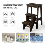 Giantex Folding 3 Tier Step Ladder, Multifunction 3-in-1 Wood Step Stool with Anti-Slip, Convenient Handle, Display Ladder and Storage Shelf for Library, Home Kitchen, Household Work, Garage (Brown) Giantex