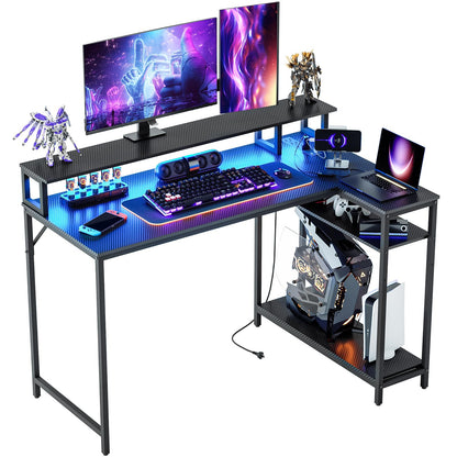 WASAGUN Gaming Desk with LED Lights & Power Outlets, 40 Inch L Shaped Carbon Fiber Surface Desk with Storage Shelves, Small Corner Computer Desk with Monitor Shelf, Black Carbon Fiber - WoodArtSupply