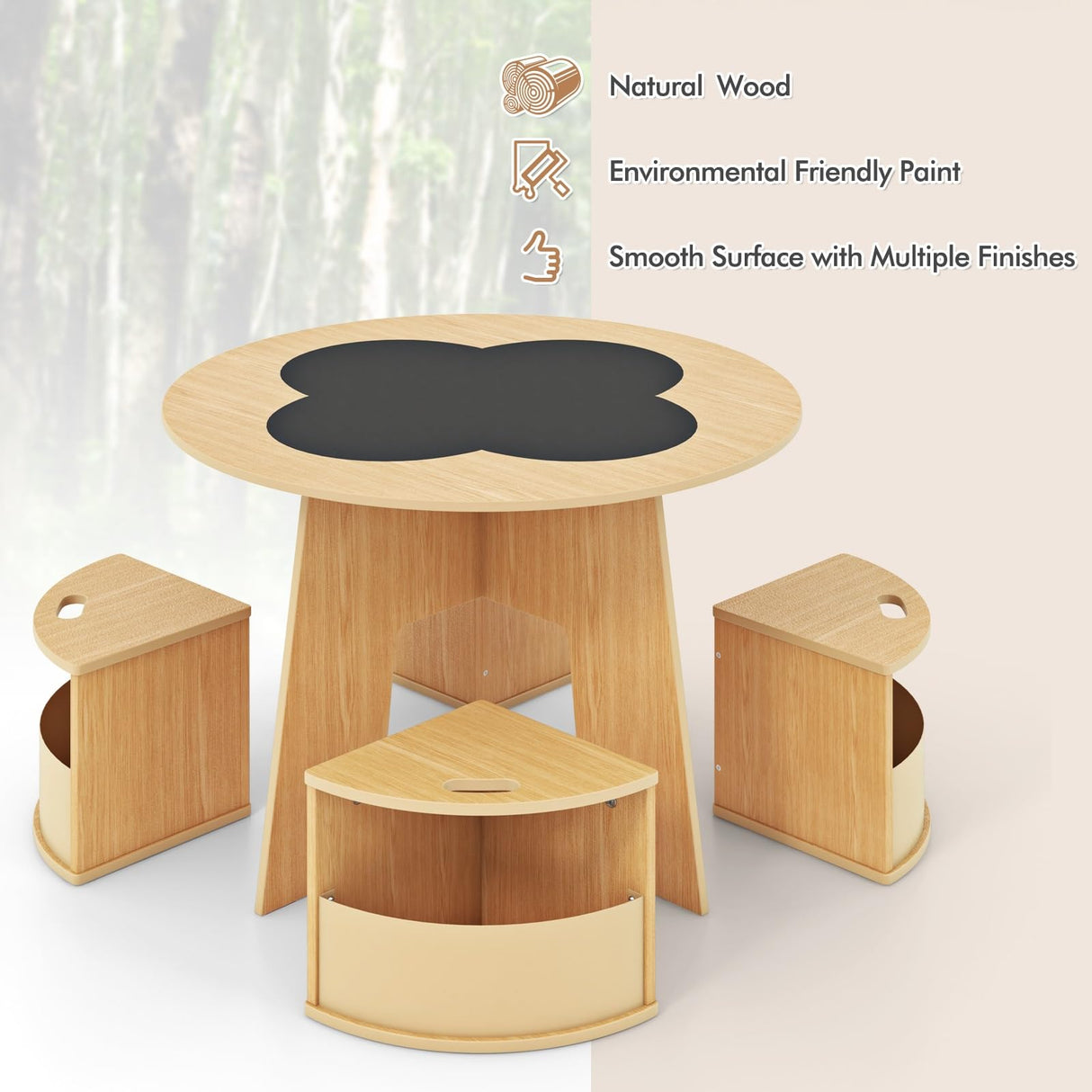 INFANS Toddler Table and Chair Set with 4 Storage Stools, Wooden Flower Shaped Nesting Table with Blackboard Drawers, Children Multi-Activity Table for Art Crafts Draw Read Boys Girls 3+ (Natural) INFANS
