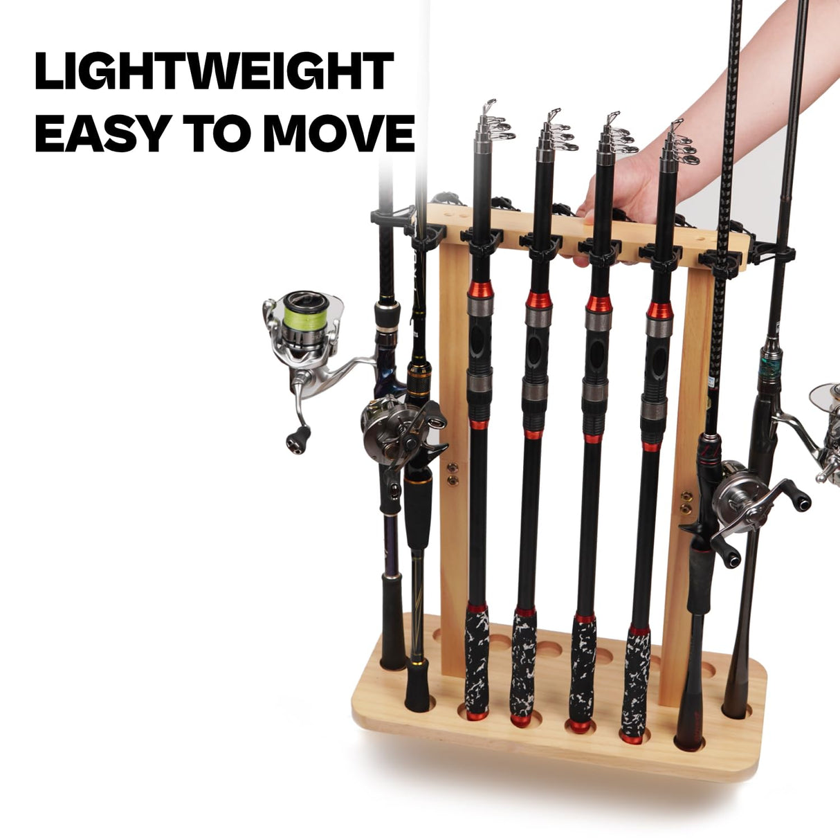 VEYWANE Fishing Rod Storage Racks, 100% Wood Floor Stand Fishing Pole Holders for Garage of 14 Rods or Combos VEYWANE
