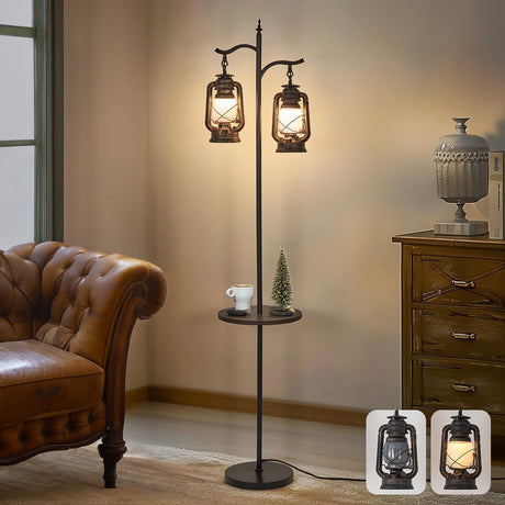 Farmhouse Floor lamp with Table, Double Head Vintage Floor Lantern, Standing lamp for Living Room，Bedroom, Rustic Floor Lamp with Black Brown Finish workluurop