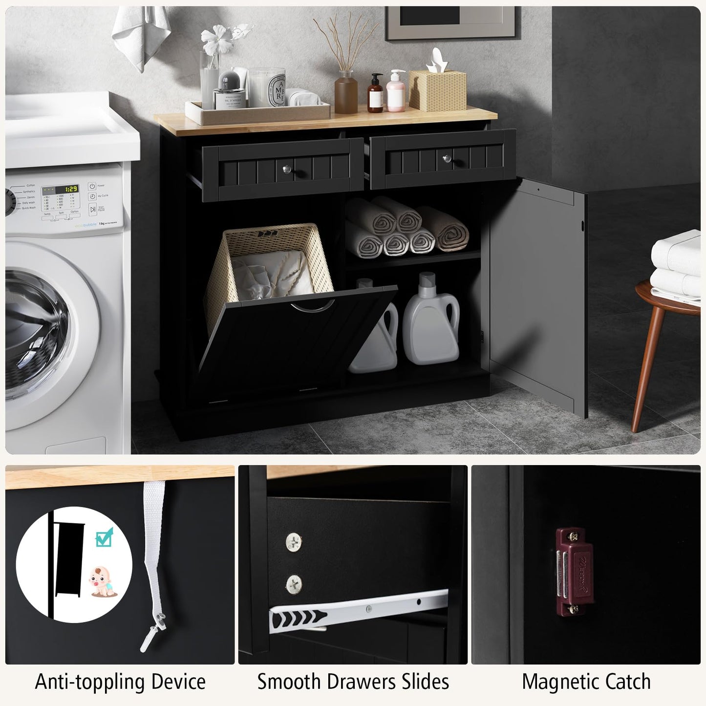 SILKYDRY Tilt-Out Trash Cabinet & Kitchen Island with Adjustable Shelf and Drawers - Black