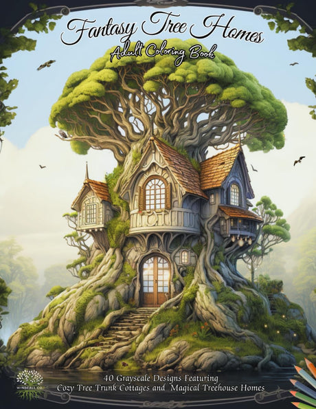 Fantasy Tree Homes Adult Coloring Book: 40 High Detail Images to Relax Your Mind | Featuring Cozy Tree Trunk Cottages and Magical Treehouse Homes | ... Teens and Seniors | Grayscale Coloring WoodArtSupply