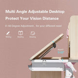 FCD Kids Desk and Chair, Wood Ergonomic Adjustable Multi Function Study Desk and Chair Set, Drafting Table and Computer Station with Tilt Desktop, Tablet Holder, Storage Cabinet and Drawers (Blue) FCD