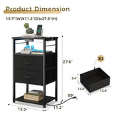 KKL Tall Nightstand with Charging Station and LED Lights, Bedside Table with Fabric Drawers, Open Shelves Storage for Bedroom, Black KKL