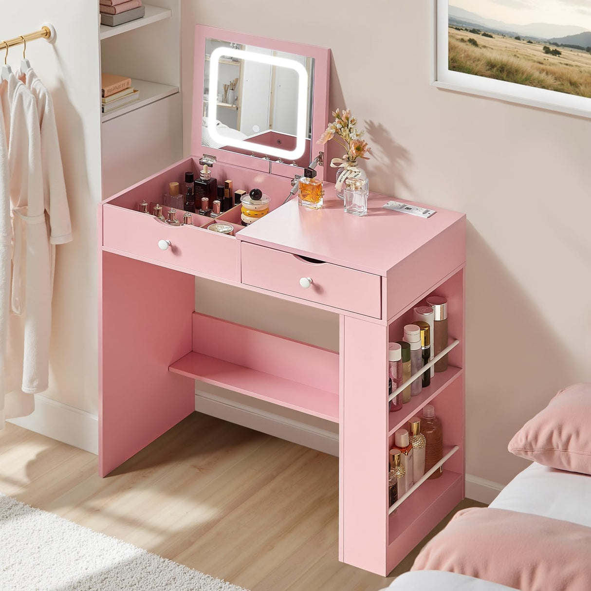 JanflyHome Small Vanity Desk with Flip Top Mirror, Modern Makeup Vanity Table with Power Outlet & Side Organizers, Dressing Table with Storage Compartment, Small Vanity Writing Desk for Bedroom, Pink JanflyHome