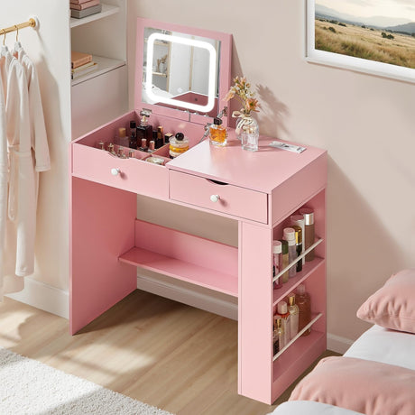 JanflyHome Small Vanity Desk with Flip Top Mirror, Modern Makeup Vanity Table with Power Outlet & Side Organizers, Dressing Table with Storage Compartment, Small Vanity Writing Desk for Bedroom, Pink JanflyHome