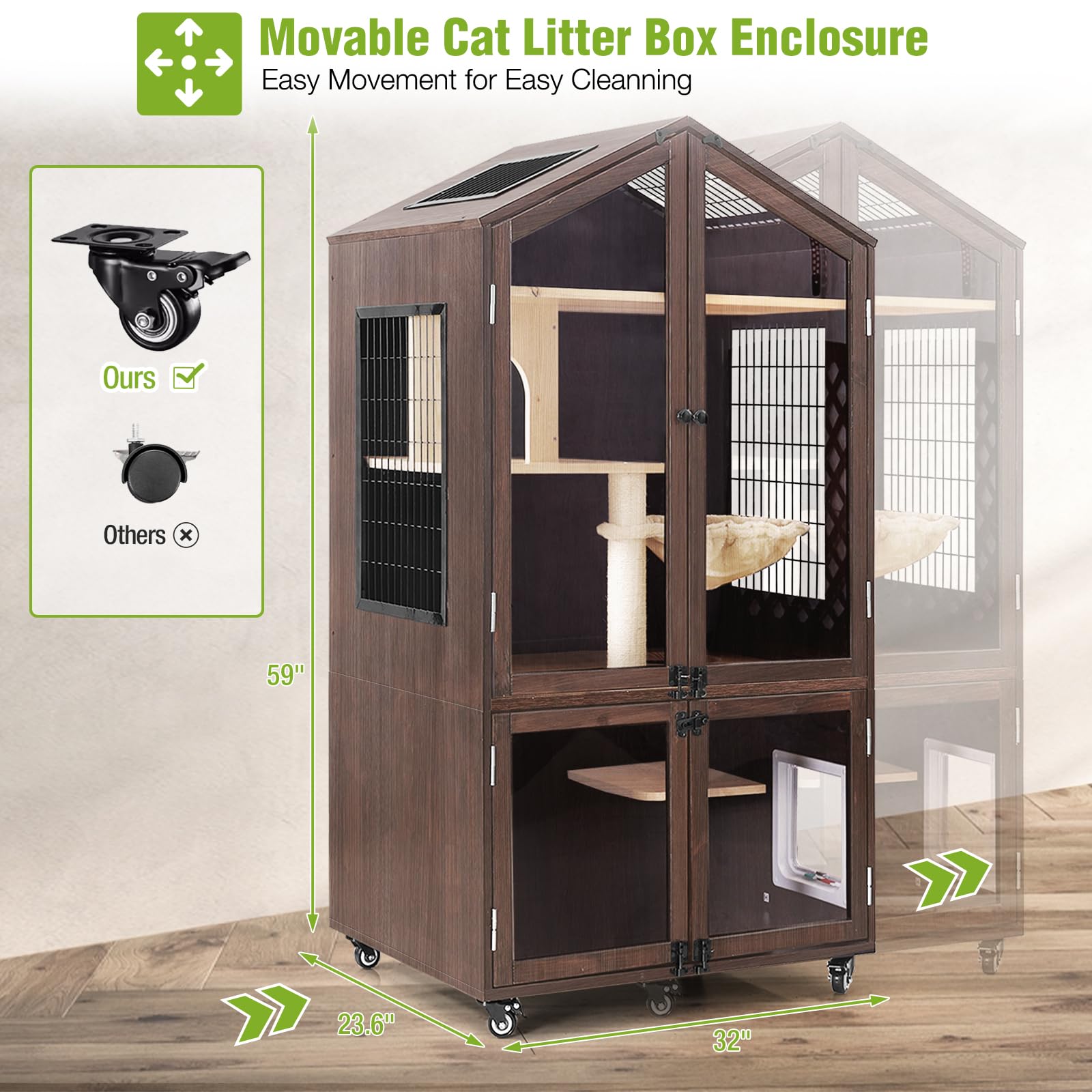 GUTINNEEN Cat Litter Box Enclosure Solid Wood Cat House Catio Cage for Indoor Cats Hidden Litter Box Furniture with Cat Tree, Scratching Post, Hammock - WoodArtSupply