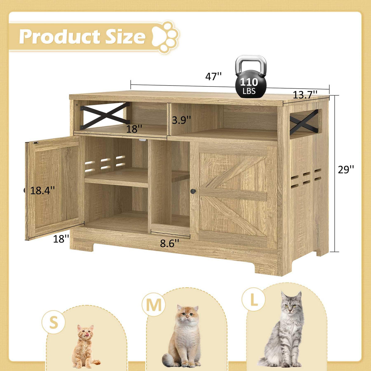 47” Cat Litter Box Furniture, Hidden Litter Box Furniture with Storage & Adjustable Shelves, Enclosed Wood Cat House, Farmhouse, Suitable for Living Room Bedroom, Easy Assembly (Brown) HRVEOCEI
