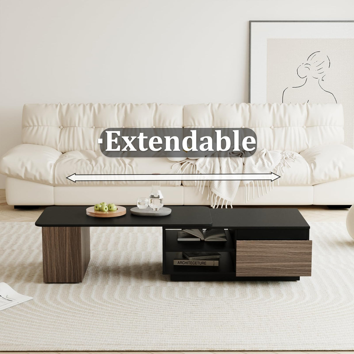 JOYSOURCE Extendable Coffee Table 48-66'' Rectangle with Drawers Storage Shelf Adjustable Coffee Table (Black/Walnut) JOYSOURCE