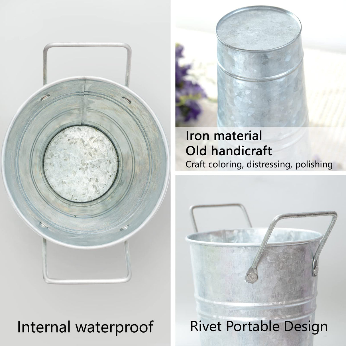 Notakia Galvanized Metal Vases Farmhouse French Flower Bucket Vases for Cut Flowers for Home Decor and Wedding Table Centerpiece Decorations (9.05in Silver 4Pcs) Notakia