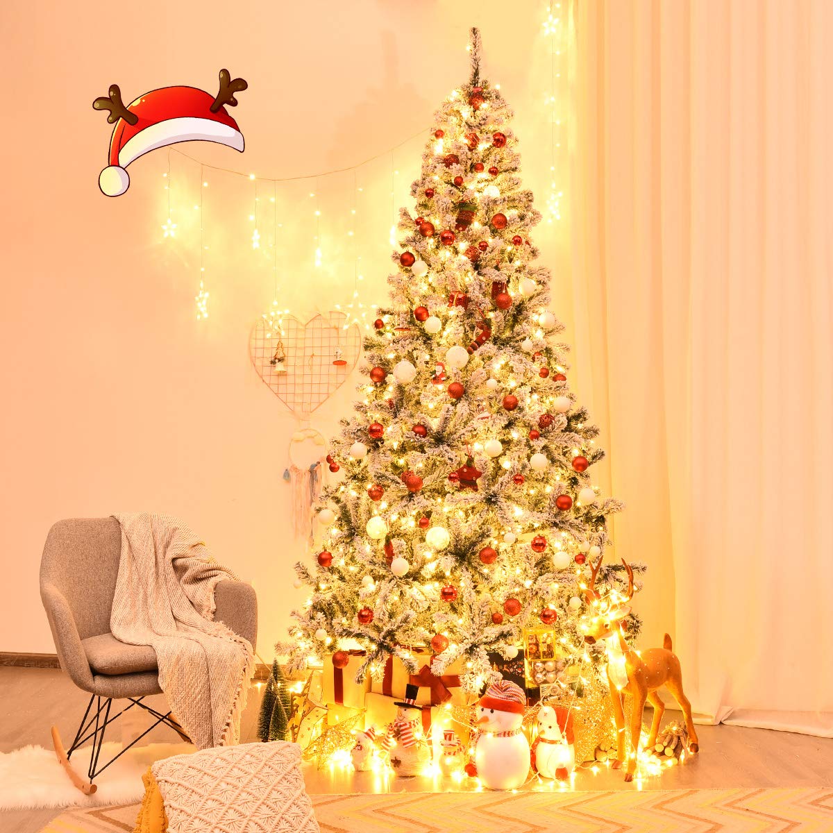 Nightcore 9FT Pre-Lit Artificial Christmas Tree, Snow Flocked Hinged Pine Tree w/ 1498 Branches Tips & 550 LED Lights, Portable Metal Base, Perfect Xmas Decoration for Home Office Party (9 ft Green) WoodArtSupply