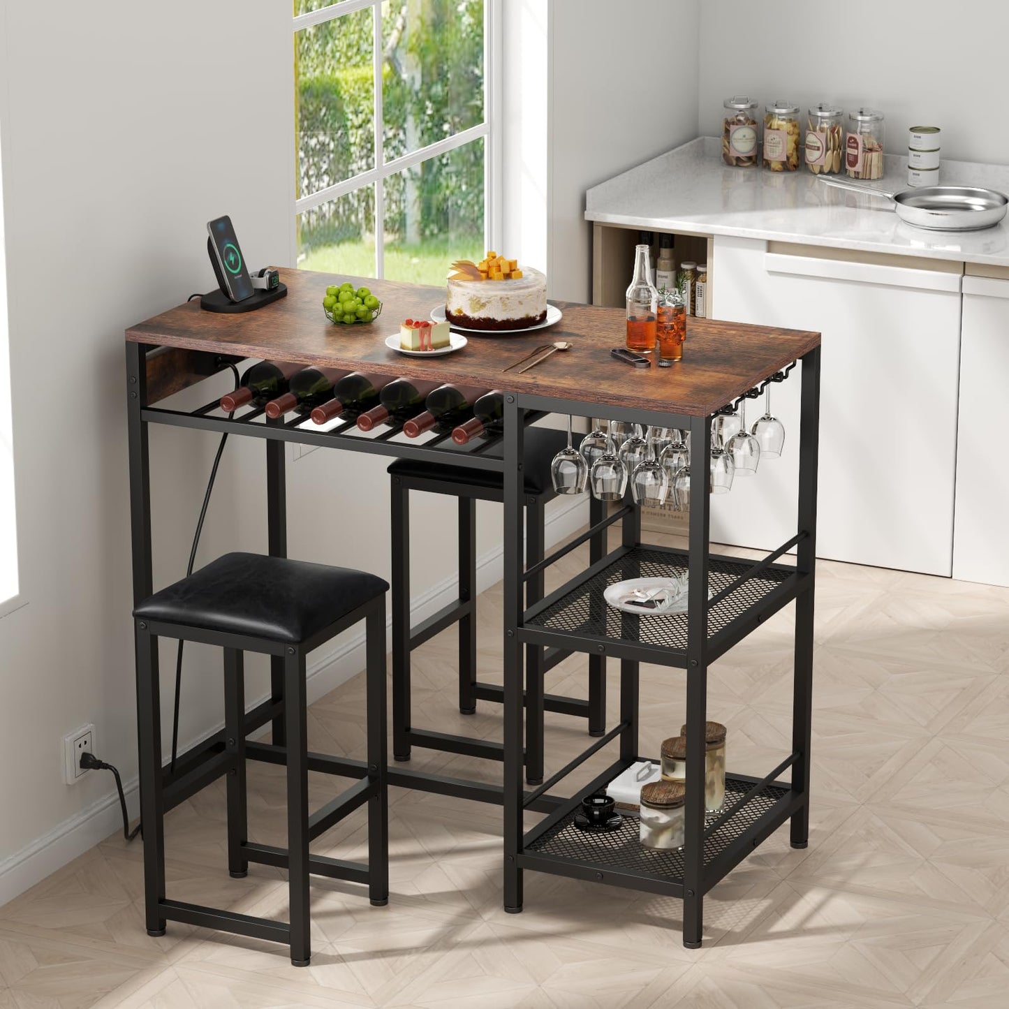 Gyfimoie Rustic Bar Table and Chair Set with Power Outlet, Storage Shelves, and Wine Rack - WoodArtSupply