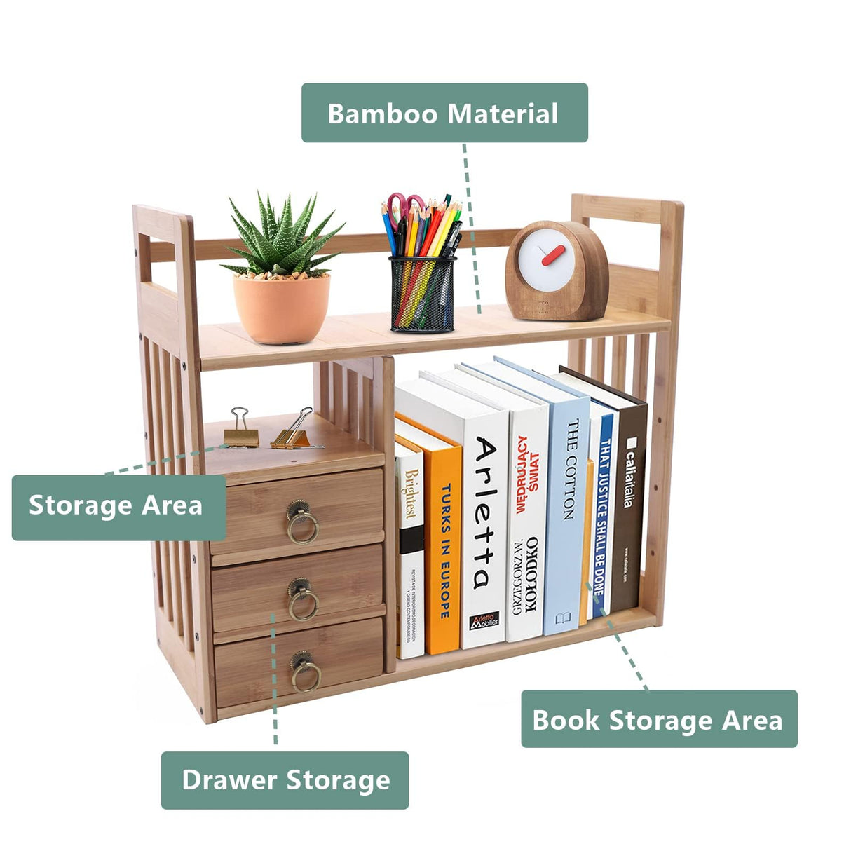 Bamboo Desktop Bookshelf with 3 Drawers – Organiser for Office and Home WINNIESHOP