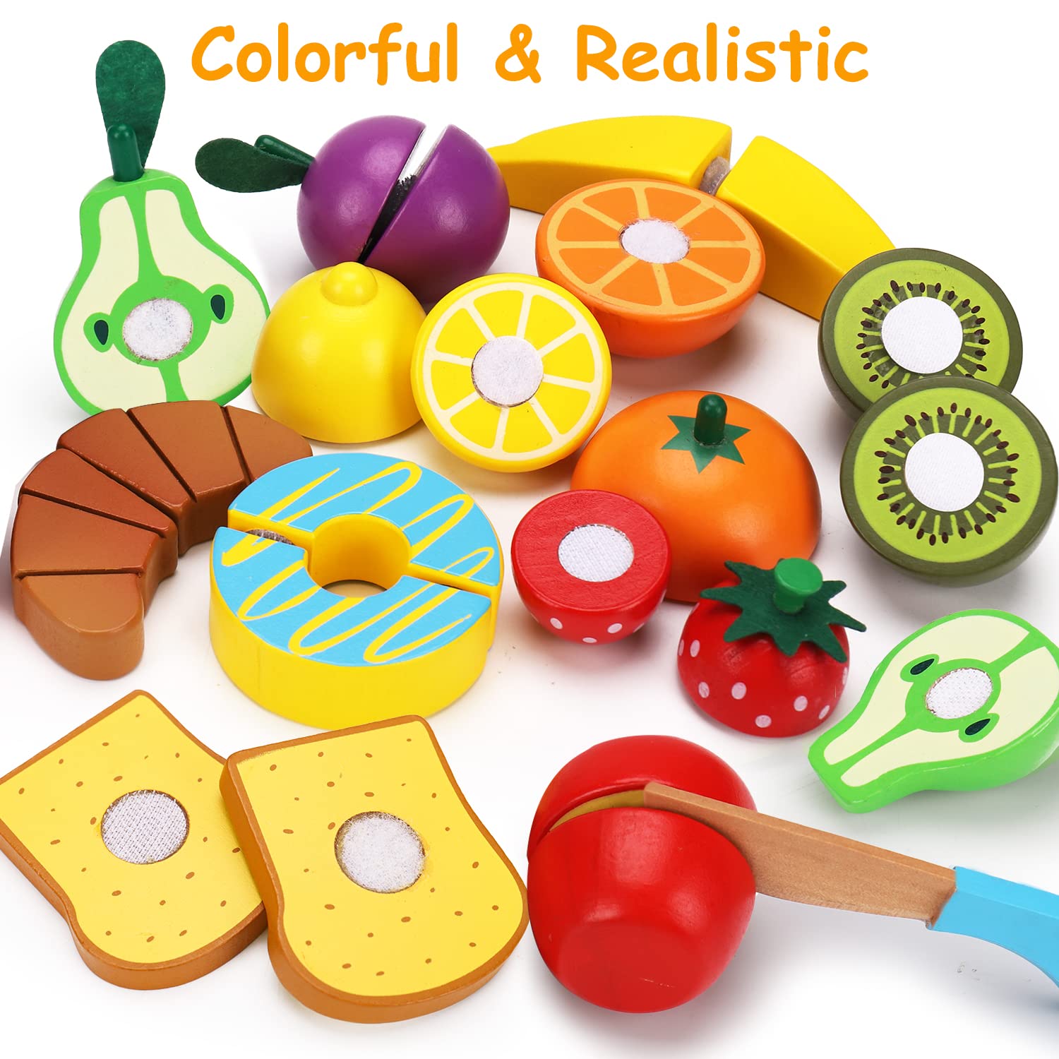 Wooden Pretend Play Food Sets Cutting Toys for Kids Kitchen Accessories Playset Montessori Toys with Toy Knife Velcro Fruit Board Learning Educational Fine Motor Skills Toddler Toys Birthday  - WoodArtSupply