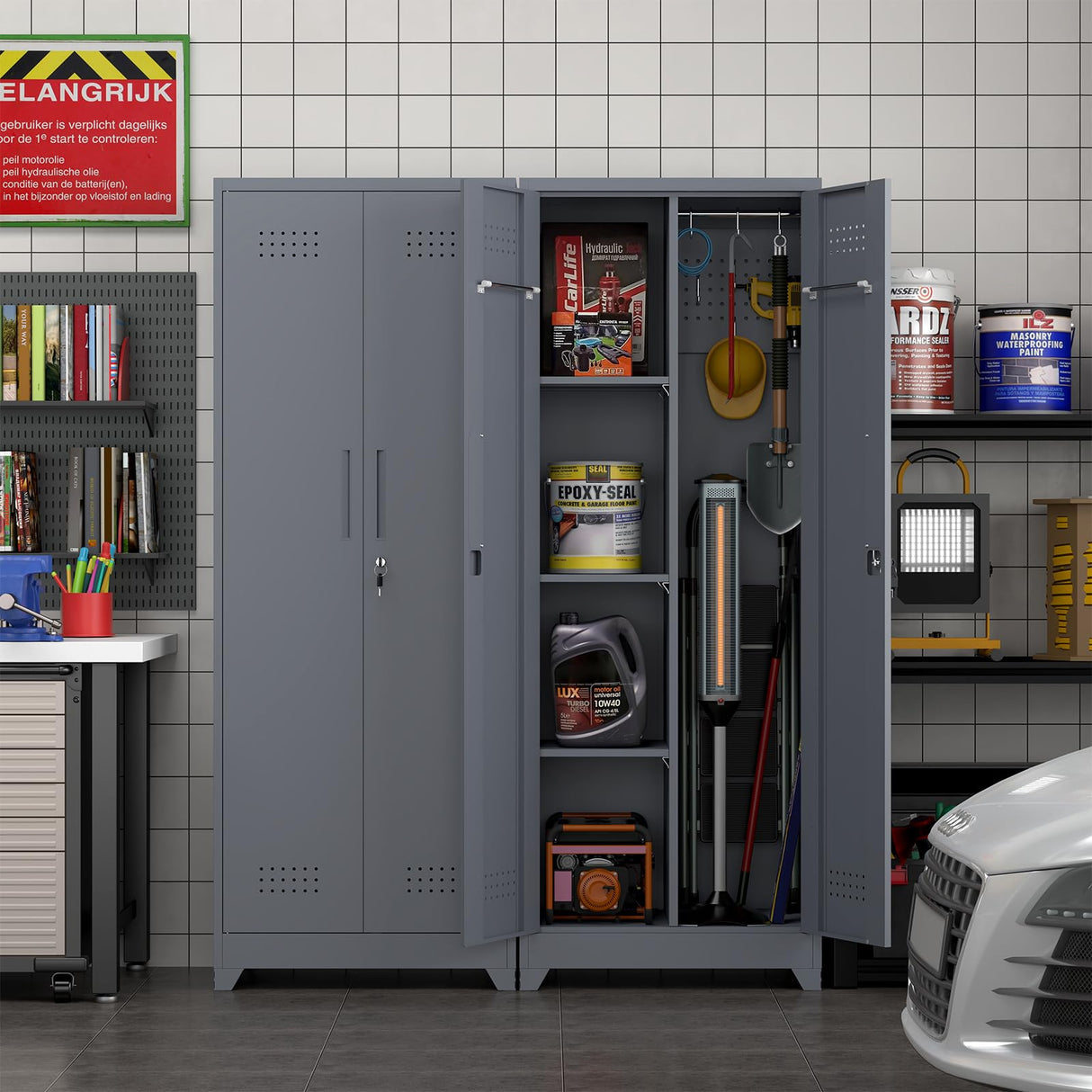 GEDELITE Metal Garage Storage Cabinets - 65" Broom Closet Storage Cabinet with Doors and Shelves,Utility Cleaning Supply Cabinet for Garage,Laundry,Office,Home (Gray, 65" H) GEDELITE