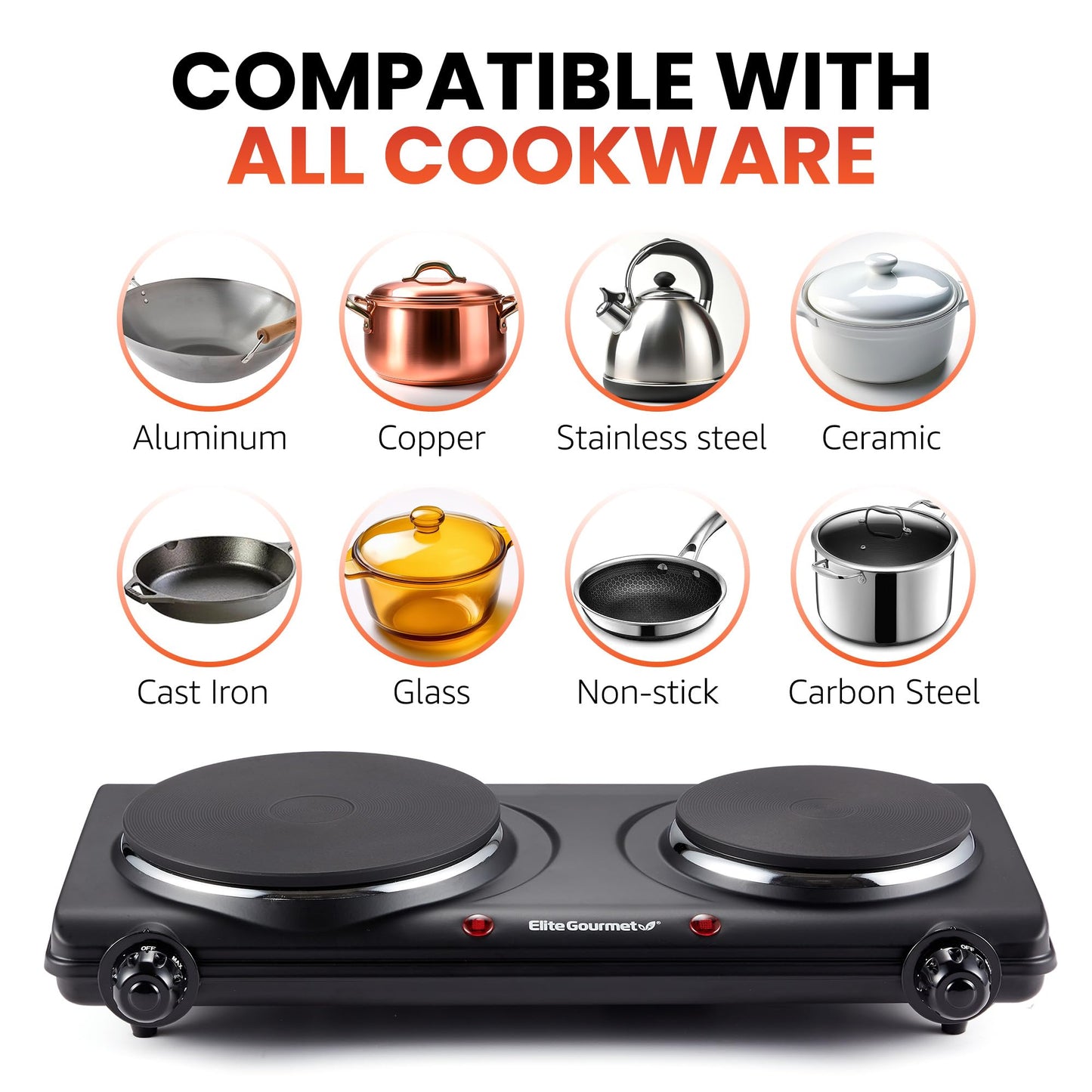 Elite Gourmet EDB-302BF# Countertop Double Cast Iron Burner, 1500 Watts Electric Hot Plate, Temperature Controls, Power Indicator Lights, Easy to Clean, Black