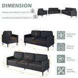 STHOUYN 3 Piece Living Room Furniture Sets, 3 Seat Couch and Loveseat with 2 USB, Single Sofa Accent Chair, Modern Small Couches for Small Spaces, Bedroom, Apartment (Dark Grey) STHOUYN