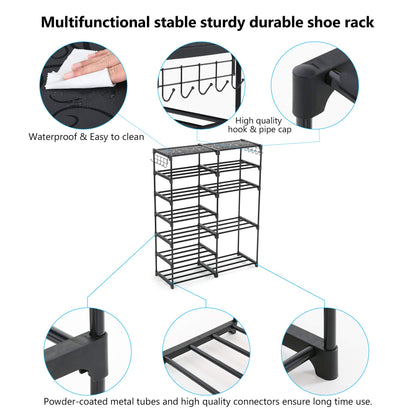 Tribesigns 7 Tiers Shoe Rack Shoe Shelf Shoe Storage Organizer with Side Hooks for Entryway, 24-30 Pairs Metal Shoe Rack Taller Shoes Boots Organizer - WoodArtSupply