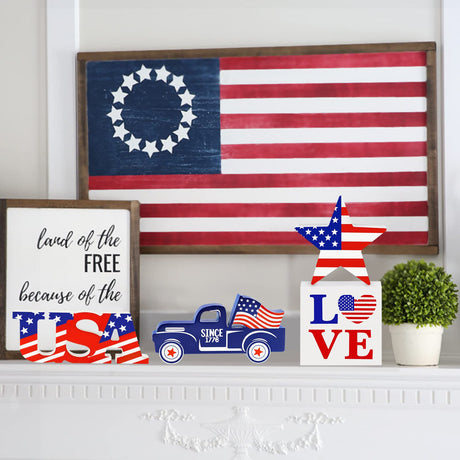 4th of July Decor Patriotic Decorations 4Pcs Wooden Star USA LOVE Car Sign Fourth of July Table Decorations Memorial Day Red White and Blue Decor JENFALL
