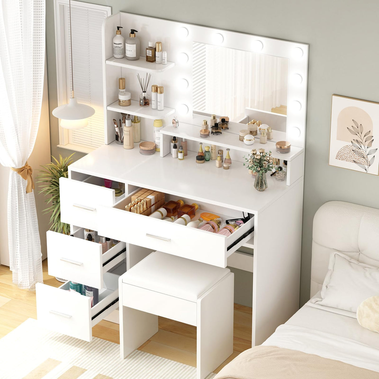 OTOQS Makeup Vanity Desk with Mirror and Light,Dressing Table Set with 3 Color Modes LED Lights,Large and Three Level Storage Dresser, for Bedroom Dressing Room,White OTOQS