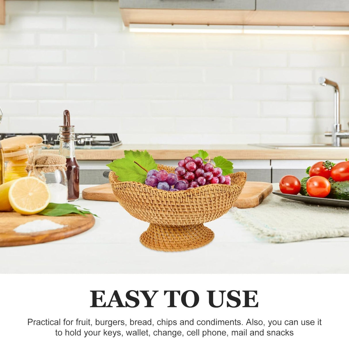 DOITOOL Rattan Fruit Bowl, Woven Footed Bowl Round Pedestal Plate Decorative Bowl for Table Centerpiece, 10 Inch Rattan Footed Bowl Woven Fruit Bowl for Kitchen Counter or Table Decorations DOITOOL