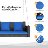 VINGLI Heavy Duty 800 LBS Wicker Hanging Porch Swing with Cushions & Chains, 4FT Outdoor Rattan Swing Bench for Garden, Yard, Lawn (Black+Blue) VINGLI