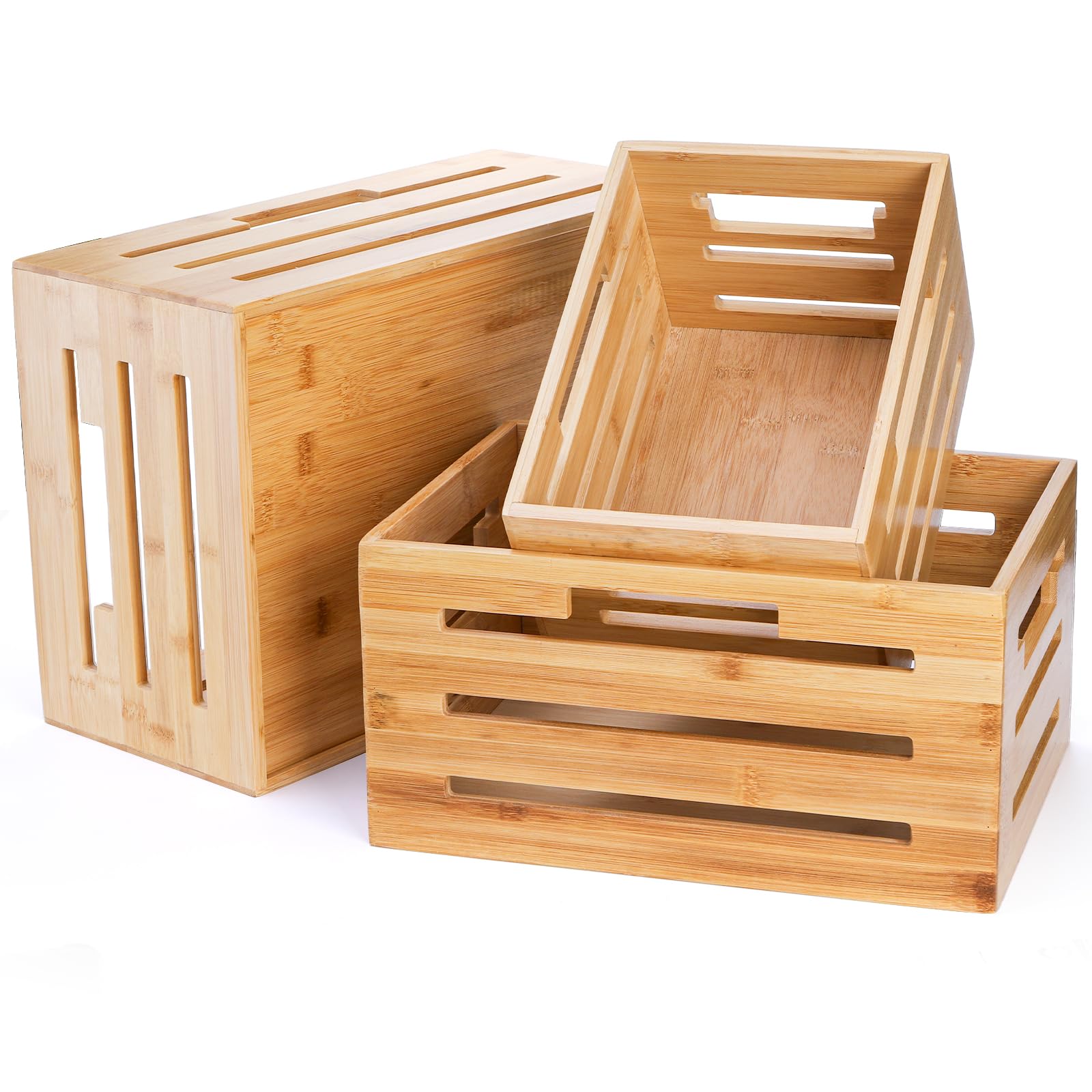 Youeon Set of 3 Bamboo Nesting Crates with Handles, 14.6/12/9.5 Inch Bamboo Crates for Storage and Rustic Decor, Decorative Storage Crate Box for Kitchen, Pantry, Office - WoodArtSupply