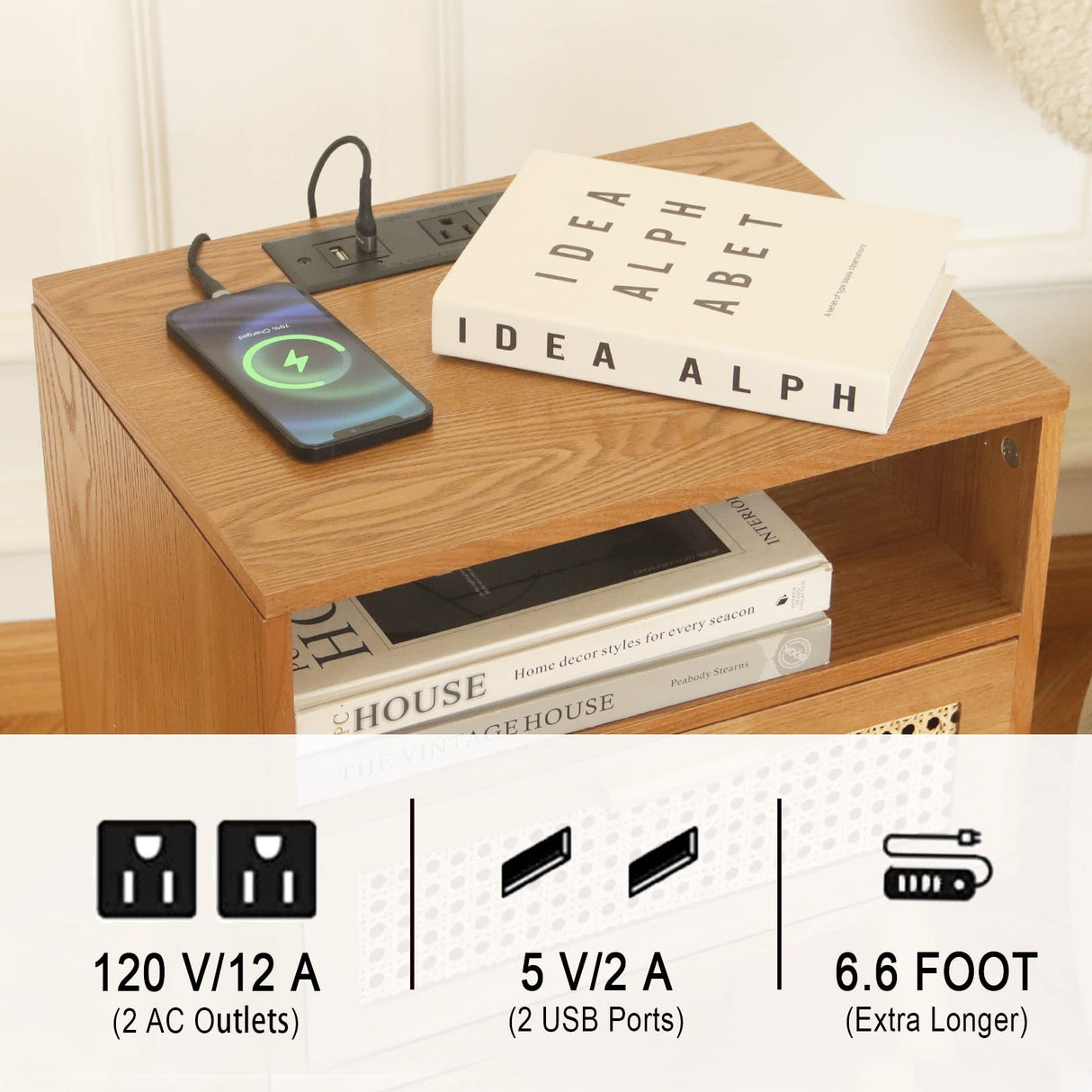 MaxSmeo Mid Century Modern Nightstand with Charging Station, Bedside Tables with Rattan Drawer, Small Wood Nightstand Side Table for Living Room,Bedroom (Brown) MaxSmeo