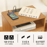 MaxSmeo Mid Century Modern Nightstand with Charging Station, Bedside Tables with Rattan Drawer, Small Wood Nightstand Side Table for Living Room,Bedroom (Brown) MaxSmeo