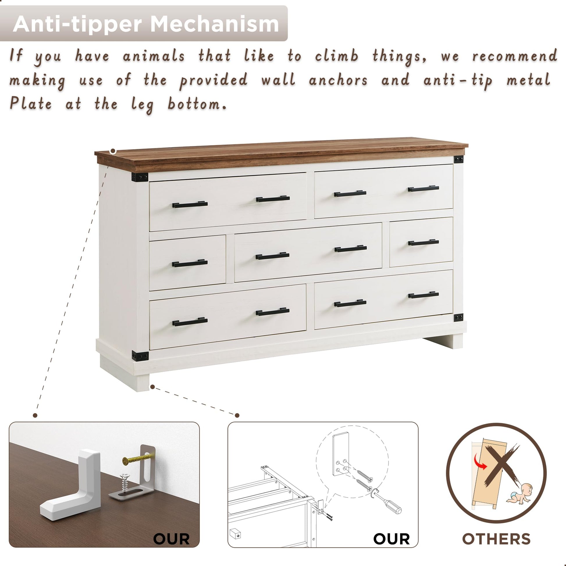 Farmhouse 7 Drawer Dresser for Bedroom - Wood Large Dressers & Chests of Drawers for Closet, 54 Inch Wide Dresser TV Stand with Storage for Bedroom, Living Room, Antique White - WoodArtSupply