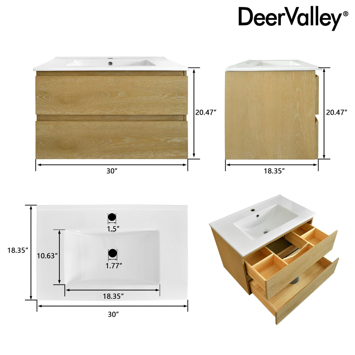 Deer Valley DV-1BV0152NW 30'' Wall Mounted Bathroom Vanity with Ceramic Sink Top, Pre-Assembled Modern Floating Wood Bathroom Cabinet Sink Combo with 2 Drawers Deer Valley