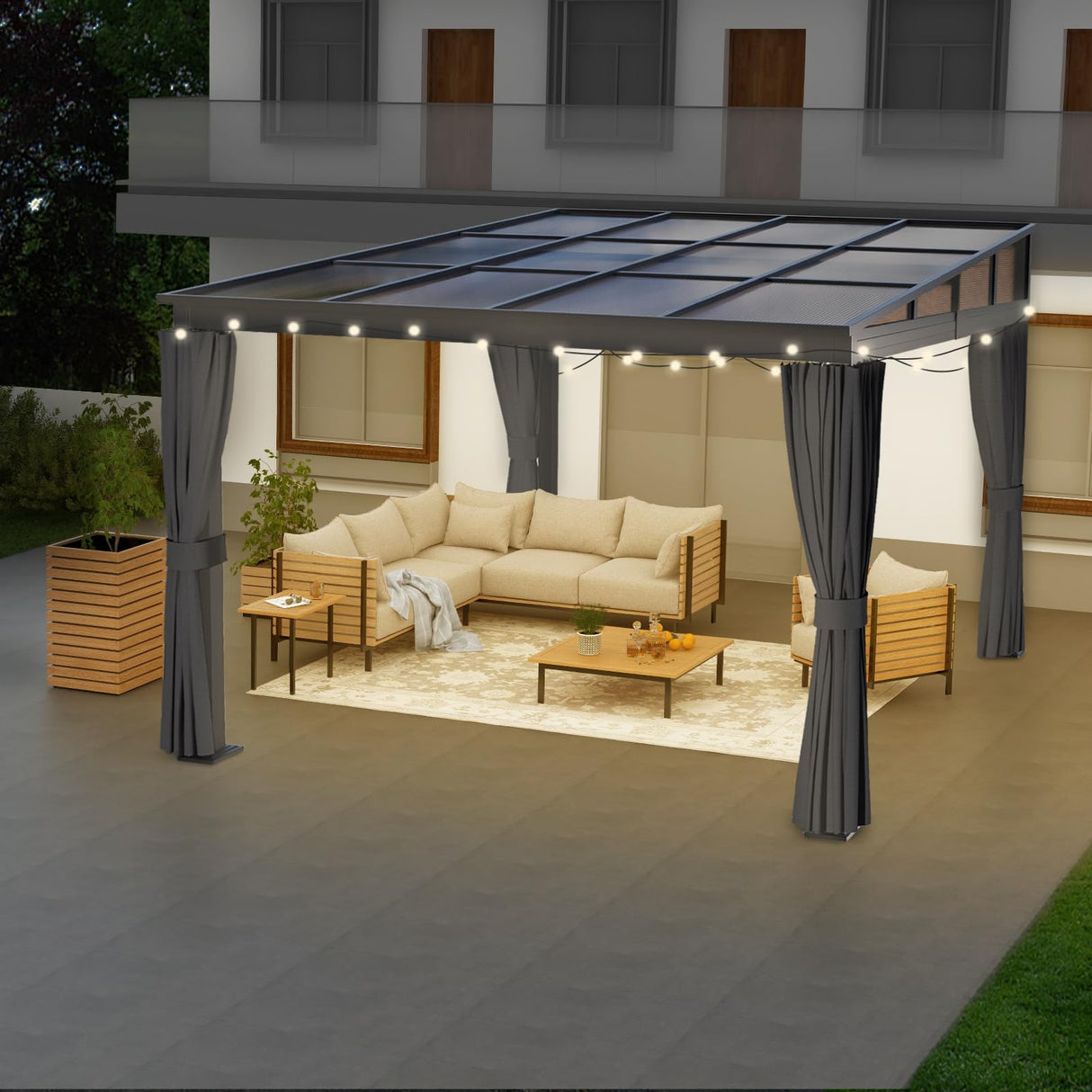 10'x10' Lean to Gazebo, Wall Mounted Gazebo with Aluminum Frame, Curtains and Netting for Patio,Decks, Garden and Lawn HOWSVN