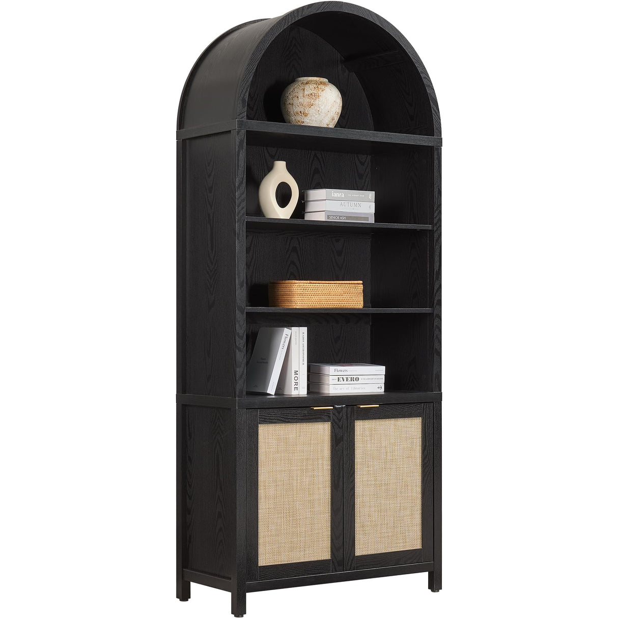 SICOTAS Book Shelf Arched Cabinet Bookshelf Arch 84.2" Tall Bookcase 5 Tier Large Bookshelves with Doors Storage Rattan Boho Wide Book Shelves Case for Living Room Kitchen Office Bedroom Library SICOTAS