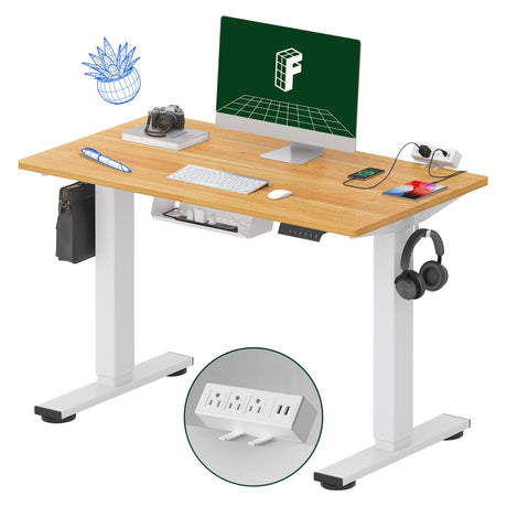 FLEXISPOT EN2 Whole-Piece Standing Desk with Clamp Power Strip, 40 x 24 Electric Stand Up Height Adjustable Desk with Cable Management (White Frame + 40" Maple Top) FLEXISPOT