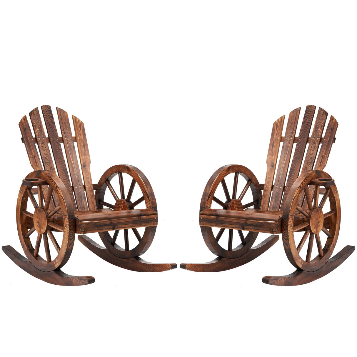 AHB Outdoor Wood Rocking Chair, Wagon Wheel Decor Armrest Yard Glider Rocking Patio Chair with Slatted Design, Adirondack Rocking Chair for Porch Lawn Garden Balcony Poolside, Brown (2 PCS) AHB