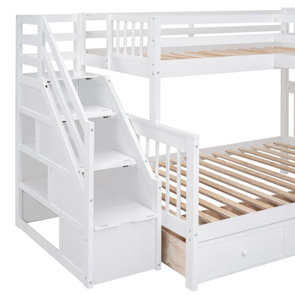 VilroCaz Modern L-Shaped Twin-Twin Over Full Bunk Bed with Staircase and 3 Storage Drawers, Solid Wood Triple Bed with Portable Desk and Wardrobe for Adults Teens Kids, Maximized Space (White-3t)