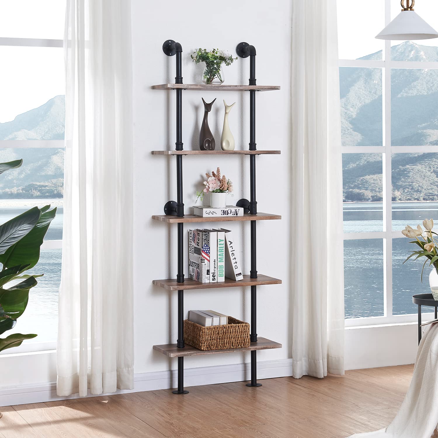 HOMBAZAAR 5-Tier Industrial Pipe Ladder Shelf - Oak Brown Wall Mounted Bookshelf for Home and Office - WoodArtSupply