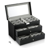 MoKo Sunglasses Organizer with 18 Slots, 3-Layer Leather Sunglass Display Collection Holder Case with Drawer Clear Glass Lid, Lockable Eyeglass Glass Jewelry Watch Storage Box for Women Men, Black MoKo