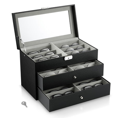 MoKo Sunglasses Organizer with 18 Slots, 3-Layer Leather Sunglass Display Collection Holder Case with Drawer Clear Glass Lid, Lockable Eyeglass Glass Jewelry Watch Storage Box for Women Men, Black