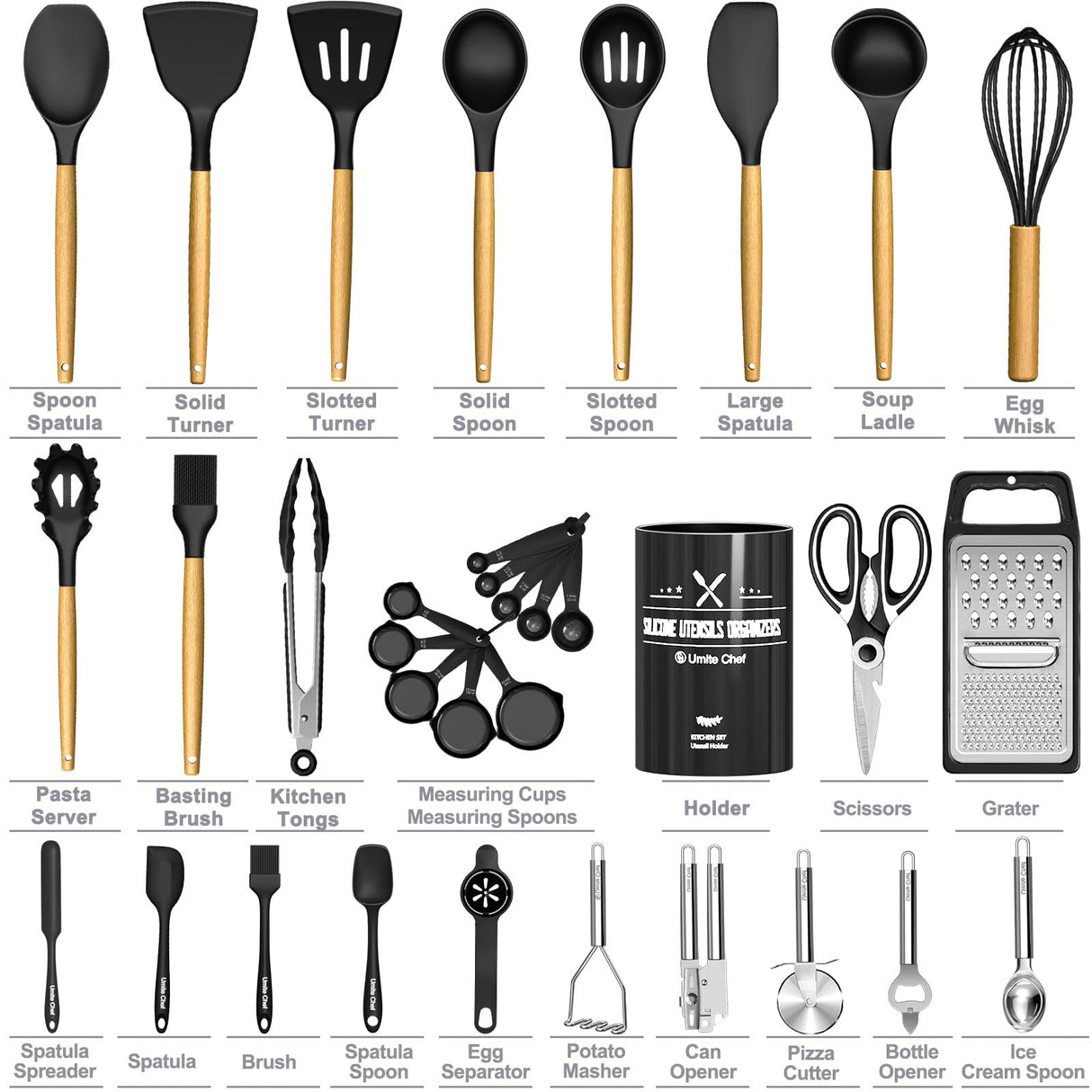 Kitchen Utensils Set- 34PCS Silicone Cooking Utensils with Holder, Umite Chef Heat Resistant Kitchen Utensil Spatula Set for Nonstick Cookware, Black Wooden Handles Kitchen Gadgets Tools Set Umite Chef