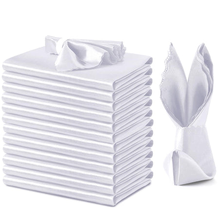 VACVELT 12 Pack White Satin Napkins 12x12 Inch Wedding Napkins, Scalloped Elegant Dinner Napkins Square Table Napkins Decor, Silky Satin Cloth Napkins for Restaurant Banquet Graduation Party VACVELT
