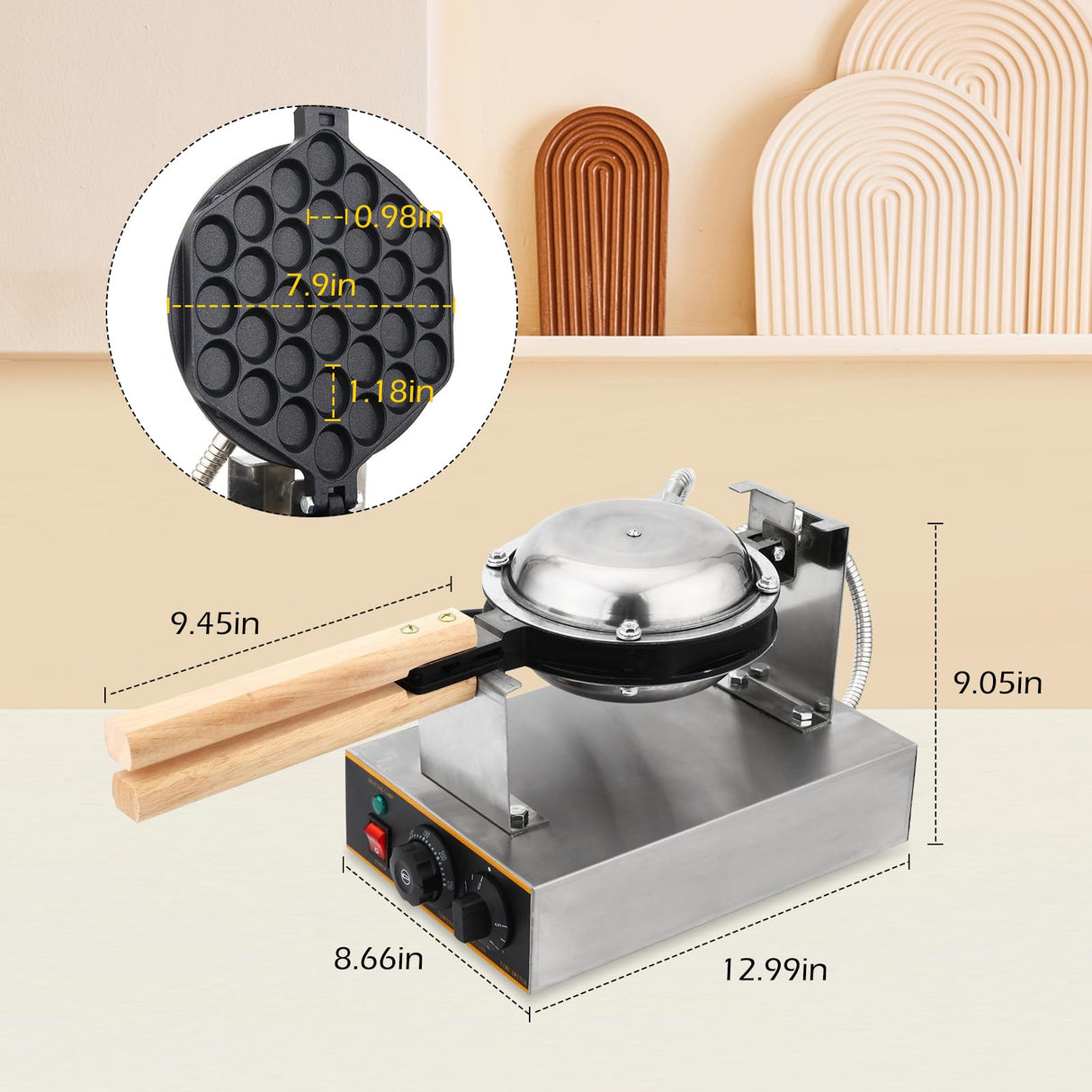 Dyna-Living Bubble Waffle Maker Commercial Egg Puff Waffle Iron Machine, 1400W Electric Stainless Steel Hong Kong Egg Waffle Maker, Egg Puff Waffle Iron for Home, 180° Rotating, Non-stick Coating Dyna-Living