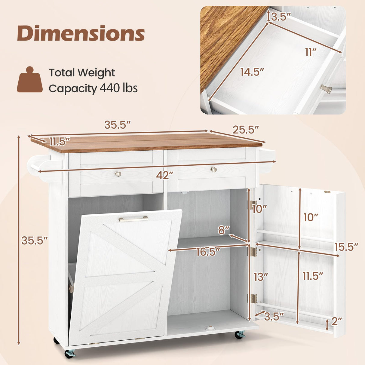 Giantex Kitchen Island Cart with Hidden Tilt Out Trash Can Cabinet, Drop Leaf, 2 Drawers, Towel Rack, Rolling Mobile Breakfast Bar Table, Wood Kitchen Storage Cart on Wheels (White & Natural) Giantex