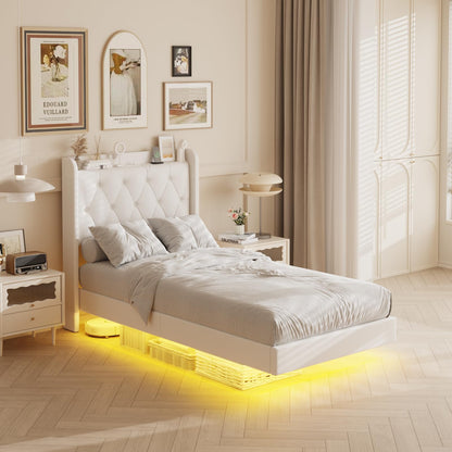 Halitaa Twin Size Floating Bed Frame with LED Lights & Charging Station, White Upholstered PU Leather - WoodArtSupply