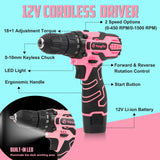 YOUGFIN Pink Drill Set for Women, Tool Kit with Drill 12V or Home Office Repairing & Improvement, Household Drill Set Power Tool with Pink Tool Box 195 Pieces Yougfin