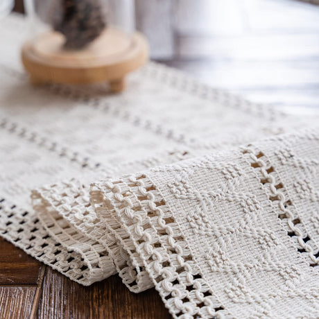 Alynsehom Macrame Table Runner Cream Beige Boho Table Runners with Tassels Hand Woven Cotton Table Runner Rustic Farmhouse Table Runners for Bohemian Kitchen Dining Table(12x71in) Alynsehom
