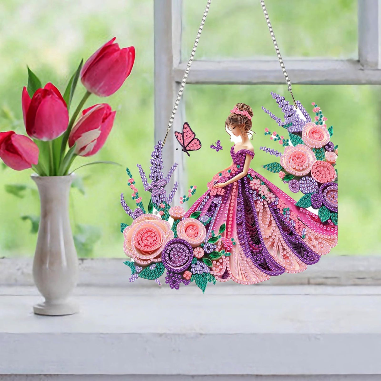 Auremi Flower Diamond Painting Pendant Kits,5D Princess Diamond Art Diamond Painting Hanging Kits,DIY Special Shaped Diamonds Painting Suncatcher Pendant Kit for Adults for Gift Wall Home Decor Auremi