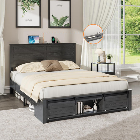 Full Bed Frame with Storage Headboard, Metal Platform Bed Frame with 3 Storage Compartments, Built-in Charging Station and LED Lights, No Box Spring Required, Noiseless, Easy Assembly，Antique Black QNICE