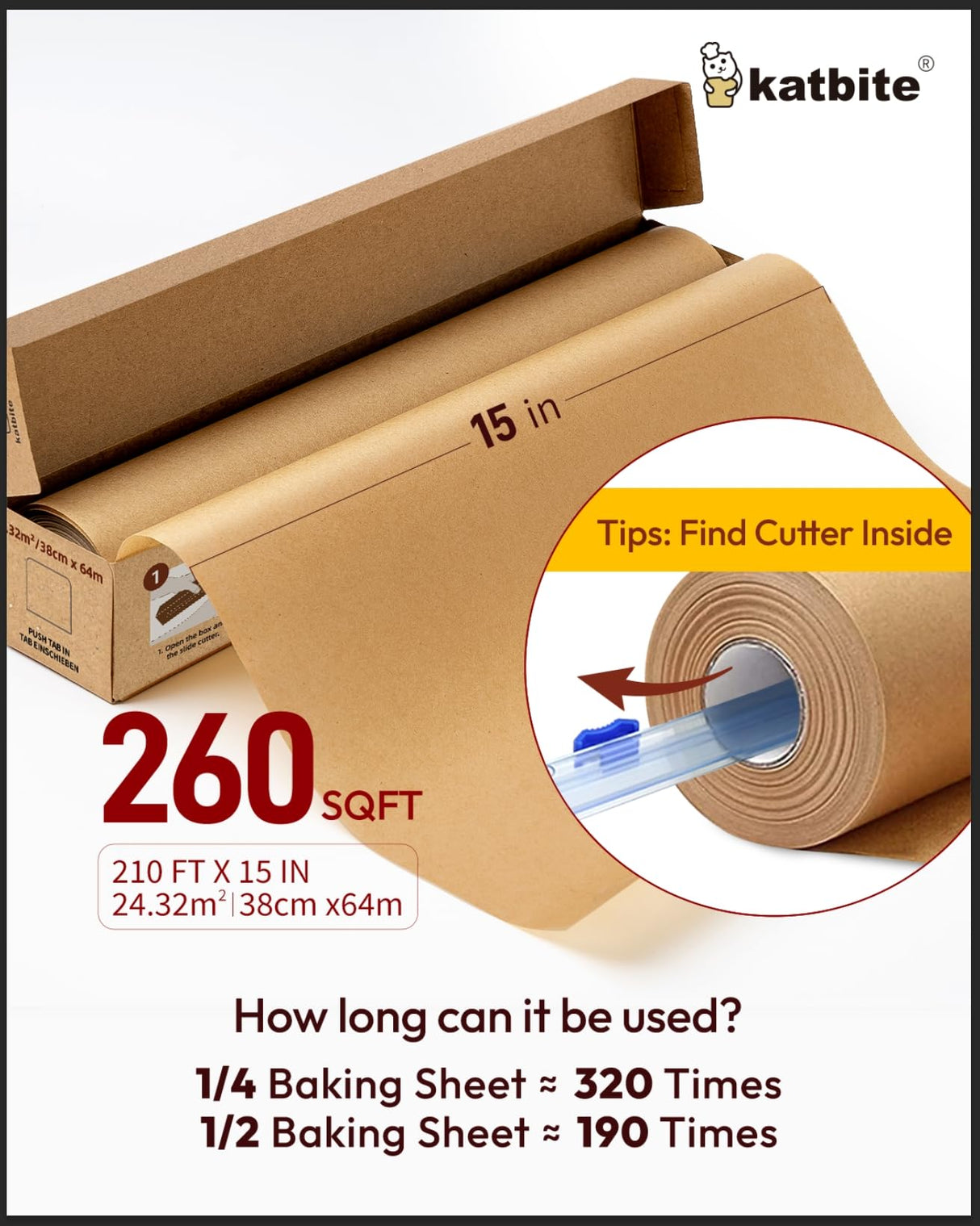 Katbite Unbleached Parchment Paper for Baking, 15 in x 210 ft, 260 Sq.Ft, Heavy Duty Baking Paper with Slide Cutter, Non-stick Brown Parchment Paper Roll for Cooking, Air Fryer, Steaming, Baking Bread katbite